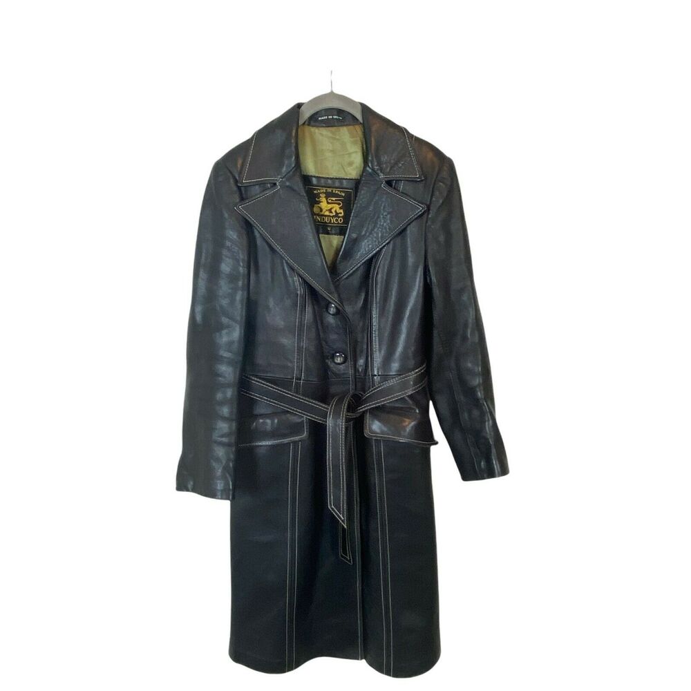Leather Trench Coat Vintage Induyco Women's Black Flannel Long Sleeves size 14